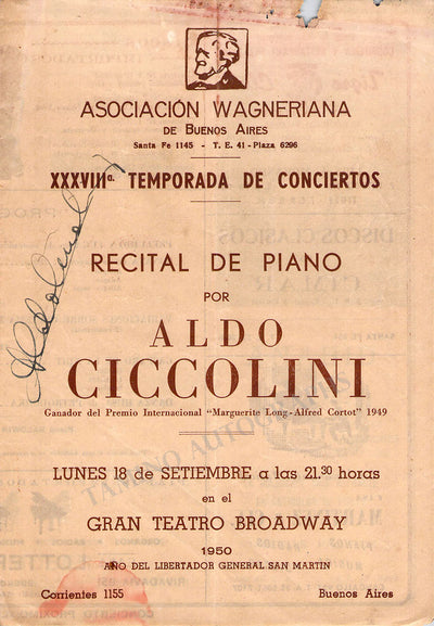 Ciccolini, Aldo - Signed Program Buenos Aires 1950