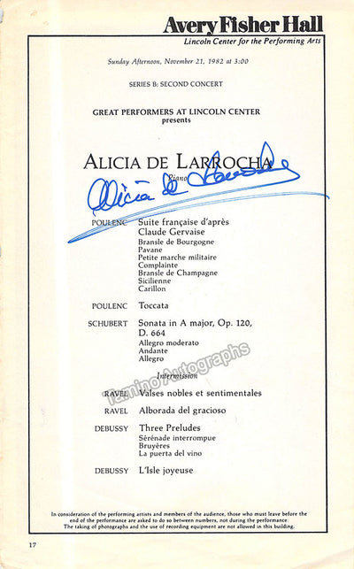 De Larrocha, Alicia - Signed Program Page New York 1982