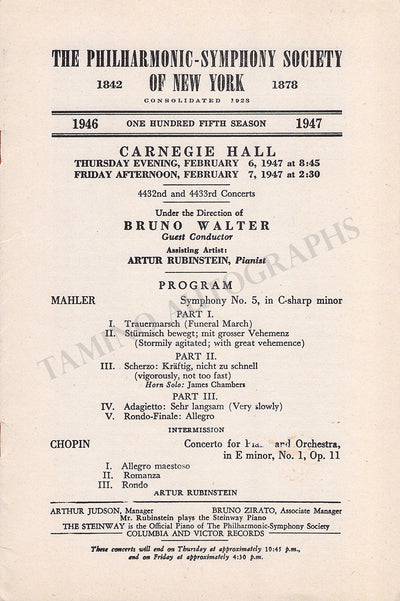 Rubinstein, Artur - Concert Program New York 1947