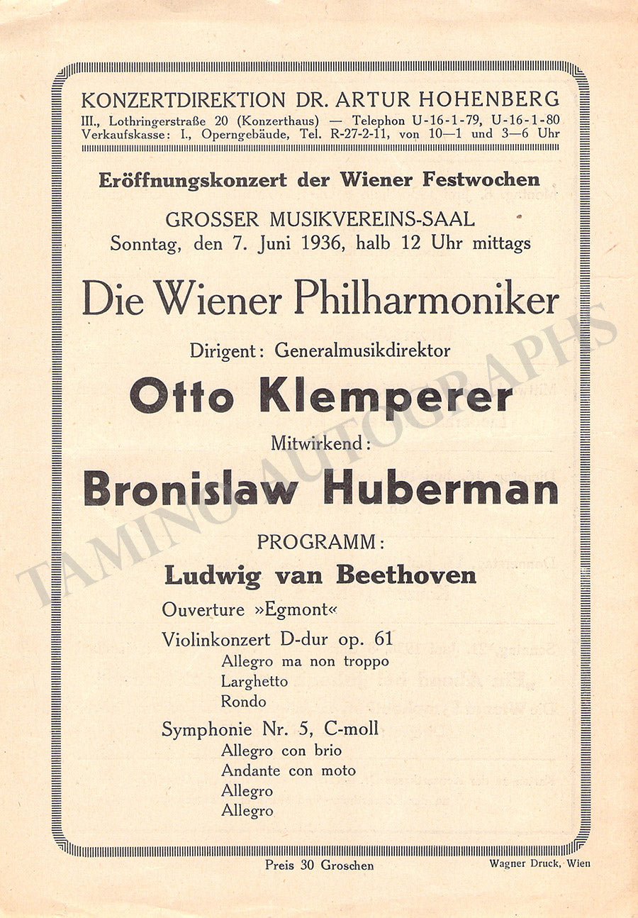 Bronislav Huberman Concert Program Vienna 1936 Tamino