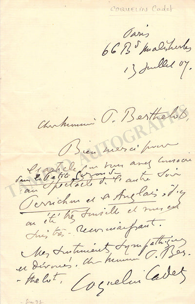 Coquelin, Ernest Alexandre Honore - Autograph Letter Signed 1907