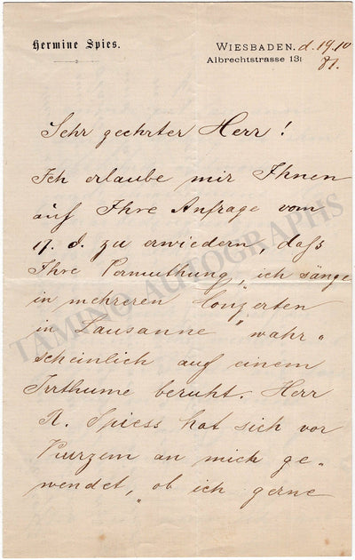 Spies, Hermine - Autograph Letter Signed 1887