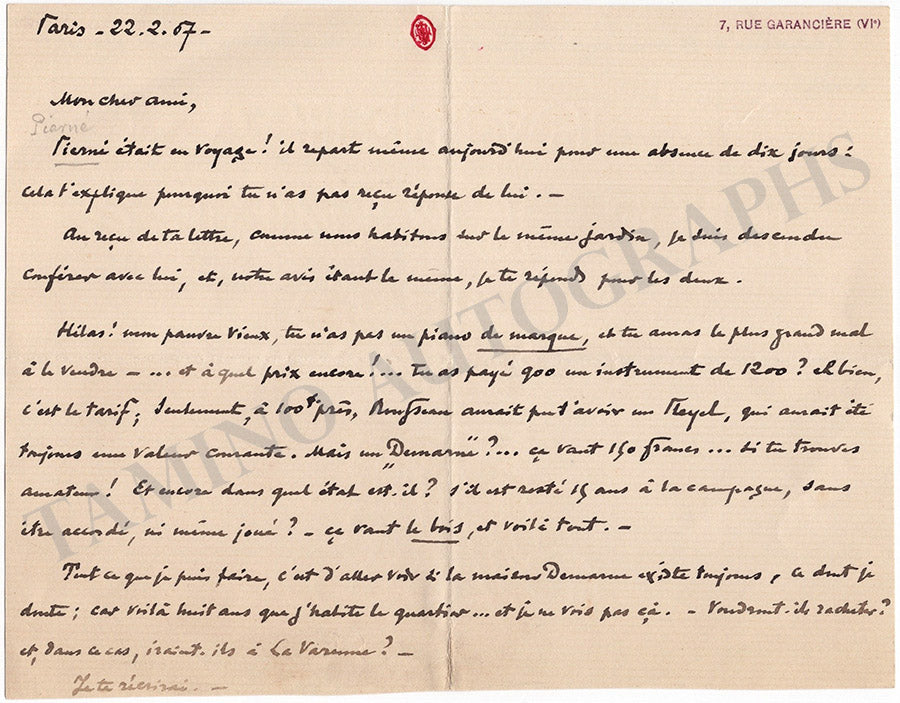 Lucien Hillemacher Autograph Letter Signed 1907 Tamino