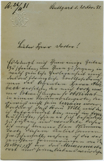 Hanfstangl-Schroder, Marie - Autograph Letter Signed 1887