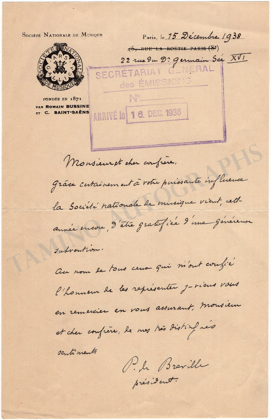 Pierre De Breville Autograph Letter Signed 1938 Tamino