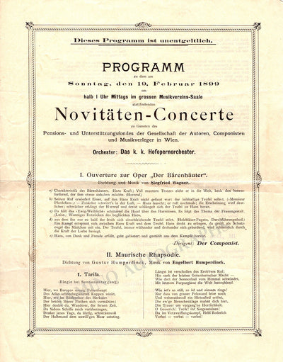 Mahler, Gustav - Humperdinck, Engelbert  & Others - Concert Program Vienna 1899