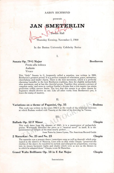 Smeterlin, Jan - Signed Program Boston 1960