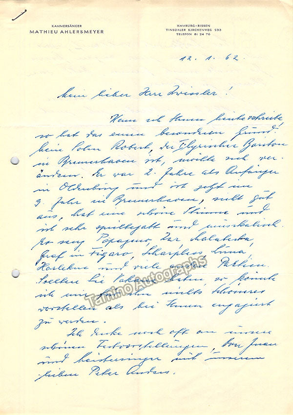 Ahlersmeyer, Mathieu Autograph Letter Signed Tamino