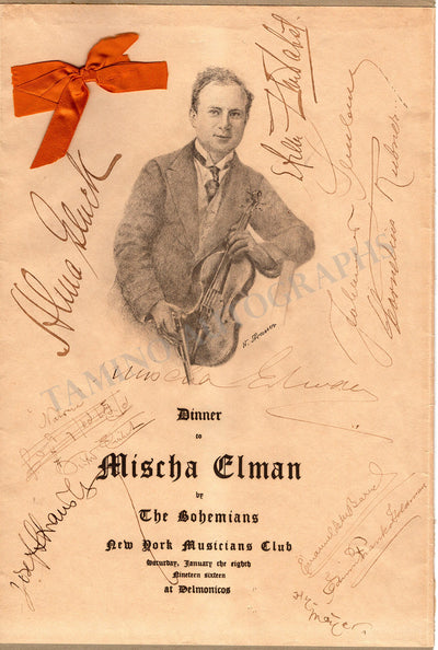 Elman, Mischa & Others - Signed Dinner Menu 1916