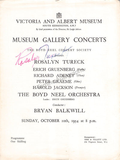 Tureck, Rosalyn - Signed Program London 1954