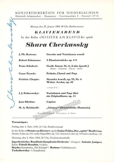 Cherkassky, Shura - Signed Program Hannover, Germany 1960