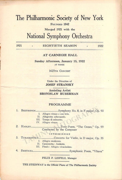 Huberman, Bronislaw - Stransky, Josef - Carnegie Hall Jan. 15th, 1921