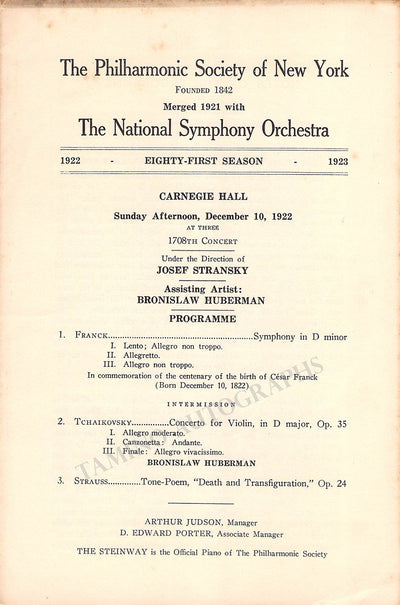Huberman, Bronislaw - Stransky, Josef - Carnegie Hall Dec. 10th, 1922