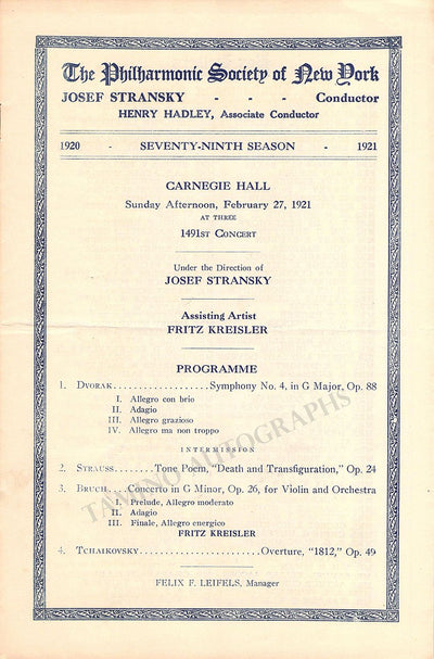 Kreisler, Fritz - Stransky, Josef - Carnegie Hall Feb. 27th, 1921