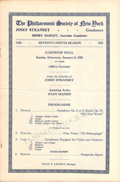 Manen, Joan - Stransky, Josef - Carnegie Hall Jan. 2nd, 1921
