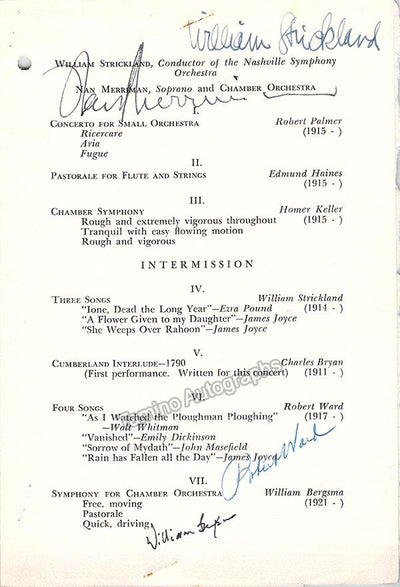 Stricklan, William - Ward, Robert - Bergsma, William - Merriman, Nan - Signed Program Harvard University 1947