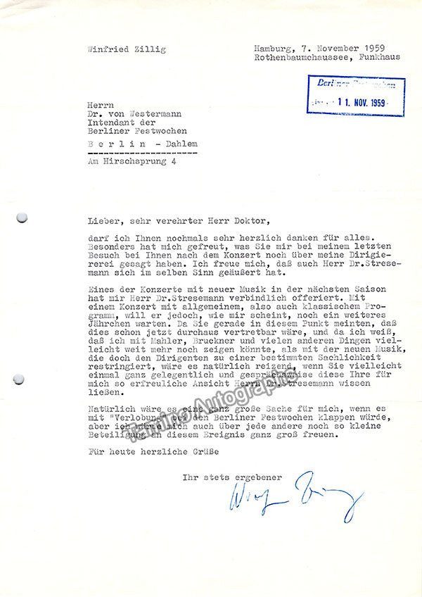 Zillig, Winfried Typed Letter Signed 1959 Tamino