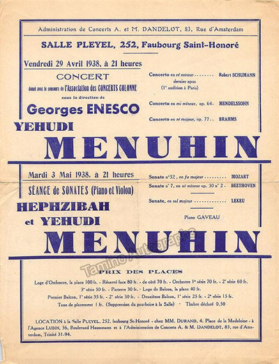 Yehudi Menuhin - Playbill Concert Paris 1938