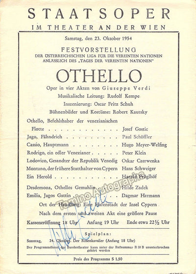 Zadek, Hilde - Signed Program Insert Vienna Staatsoper 1954