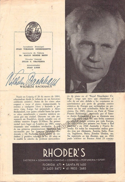 Backhaus, Wilhelm - Signed Program Teatro Colon, Buenos Aires 1951