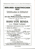 Benda, Hans von - Typed Letter Signed + Concert Program Berlin 1937