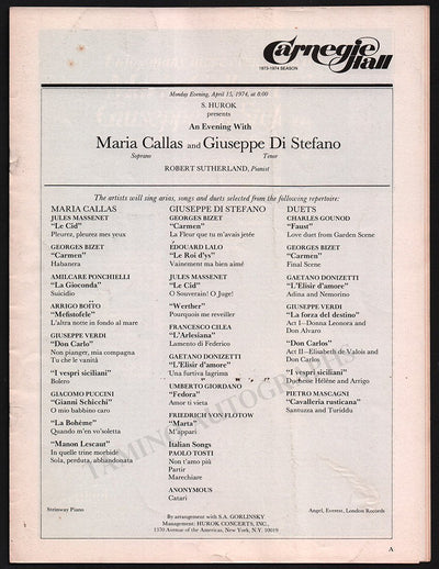 Callas, Maria - Carnegie Hall Recital Program with Di Stefano 1974