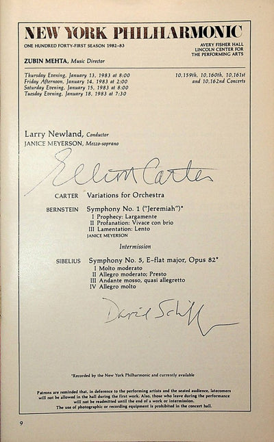 Carter, Elliot - Signed Program New York 1983