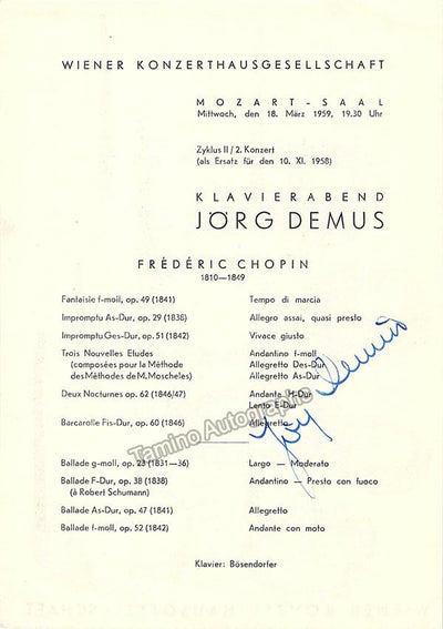 Demus, Jorg - Signed Program Vienna 1959