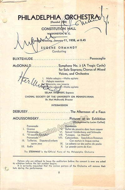 McDonald, Harl - Ormandy, Eugene - Signed Program Washington 1938