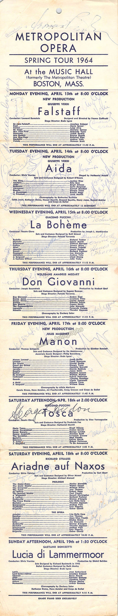 Bernstein, Leonard - Schippers, Thomas & Others - Signed Playbill Met Opera 1964