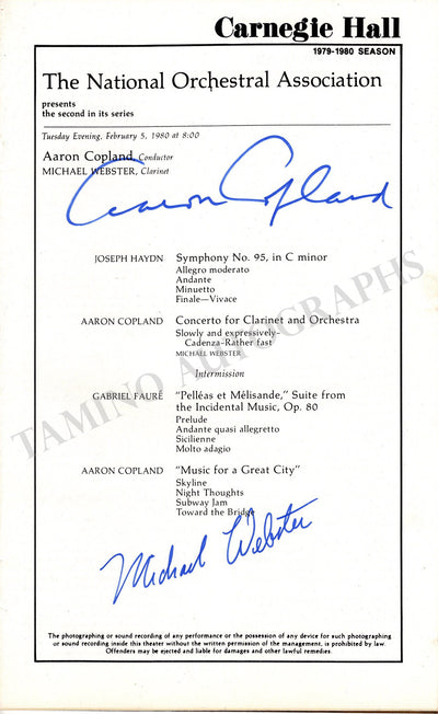 Copland, Aaron - Signed Program Carnegie Hall 1980