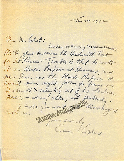 Copland, Aaron - Autograph Letter Signed 1952