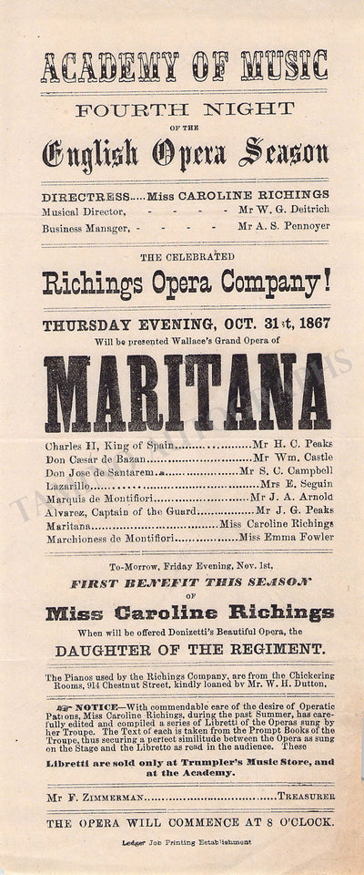 Academy of Music - Collection of 10 Opera & Theater Playbills 1860s