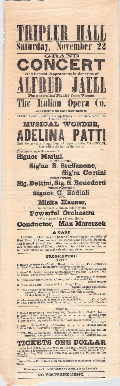 Patti, Adelina - Original Playbill 1851 First Public Performance