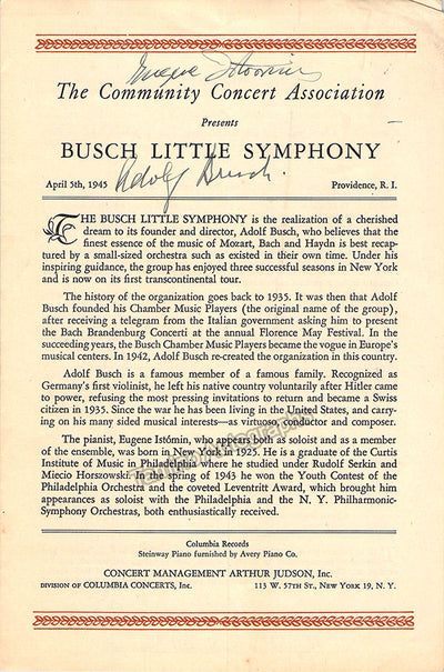 Busch, Adolf - Istomin, Eugene - Signed Program New York 1945