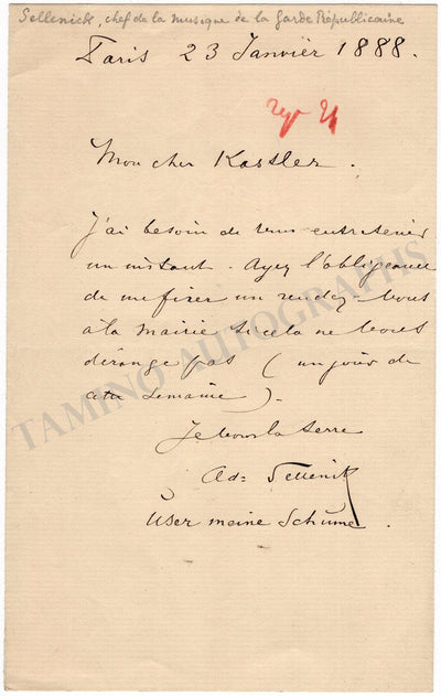Sellenick, Adolphe - Autograph Letter Signed 1888