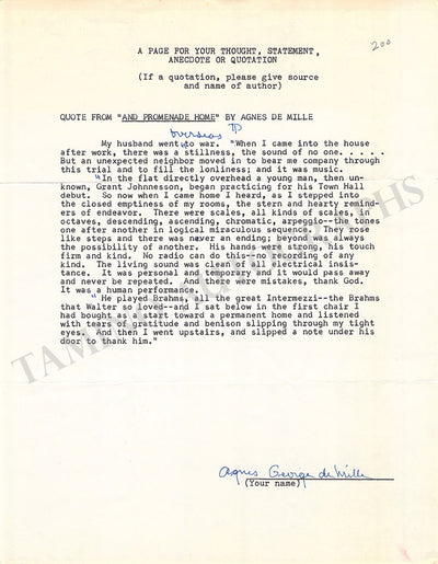 De Mille, Agnes George - Signed Typed Document