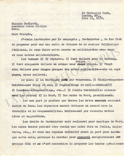 Lomax, Alan - Set of 2 Typed Letters Signed 1958