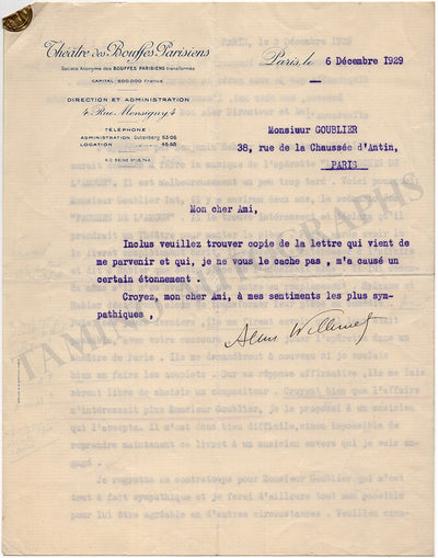 Willemetz, Albert - Typed Letter Signed 1929