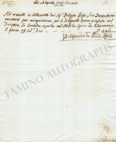 Da Ponte, Alessandro - Signed Document 1791