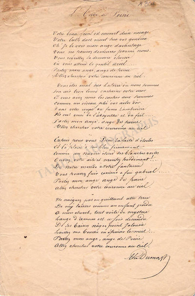 Dumas, Alexandre - Signed Poem "L'Ange de Poesie"