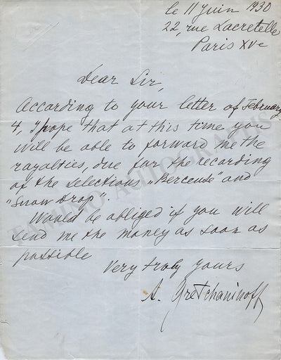 Gretchaninov, Alexander - Autograph Letter Signed 1930