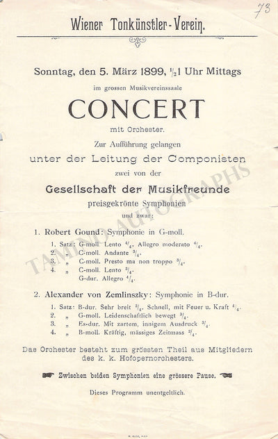 Zemlinsky, Alexander von - Concert Playbill Vienna 1899