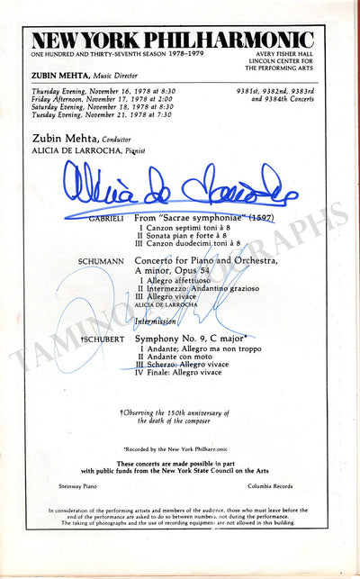 De Larrocha, Alicia - Signed Program New York 1978