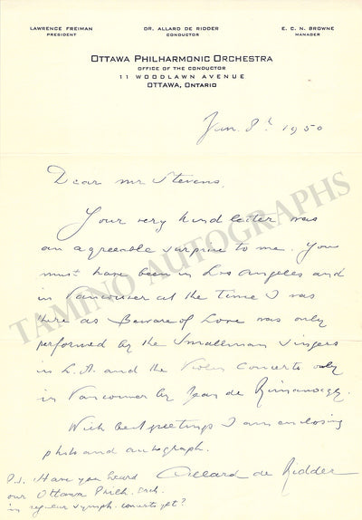 De Ridder, Allard - Autograph Letter Signed 1950