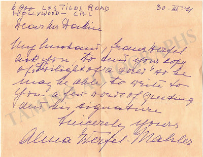 Mahler, Alma - Autograph Letter Signed 1941