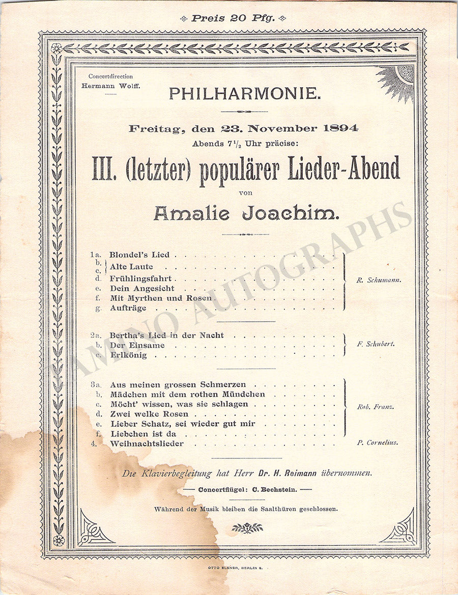 Joachim, Amalie - Lot of Autograph Music Quote + 4 Concert Programs