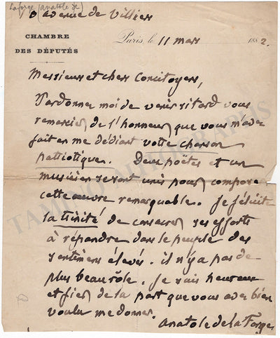 De la Forge, Anatole - Autograph Letter Signed 1882