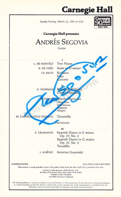 Segovia, Andres - Signed Program Page New York 1981