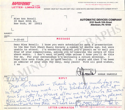 Ronell, Ann - Signed Telegram 1985